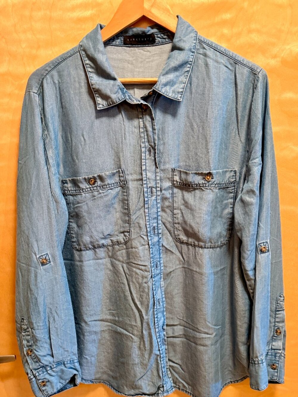 Sanctuary Blue Lyocell Chambray Button Down Utility Shirt Roll Tab